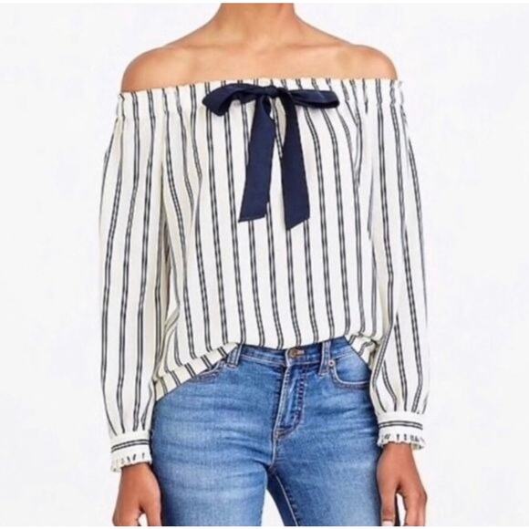 J.Crew Mercantile off-the-shoulder bow top‎ Tie Front Striped XS - Picture 1 of 8